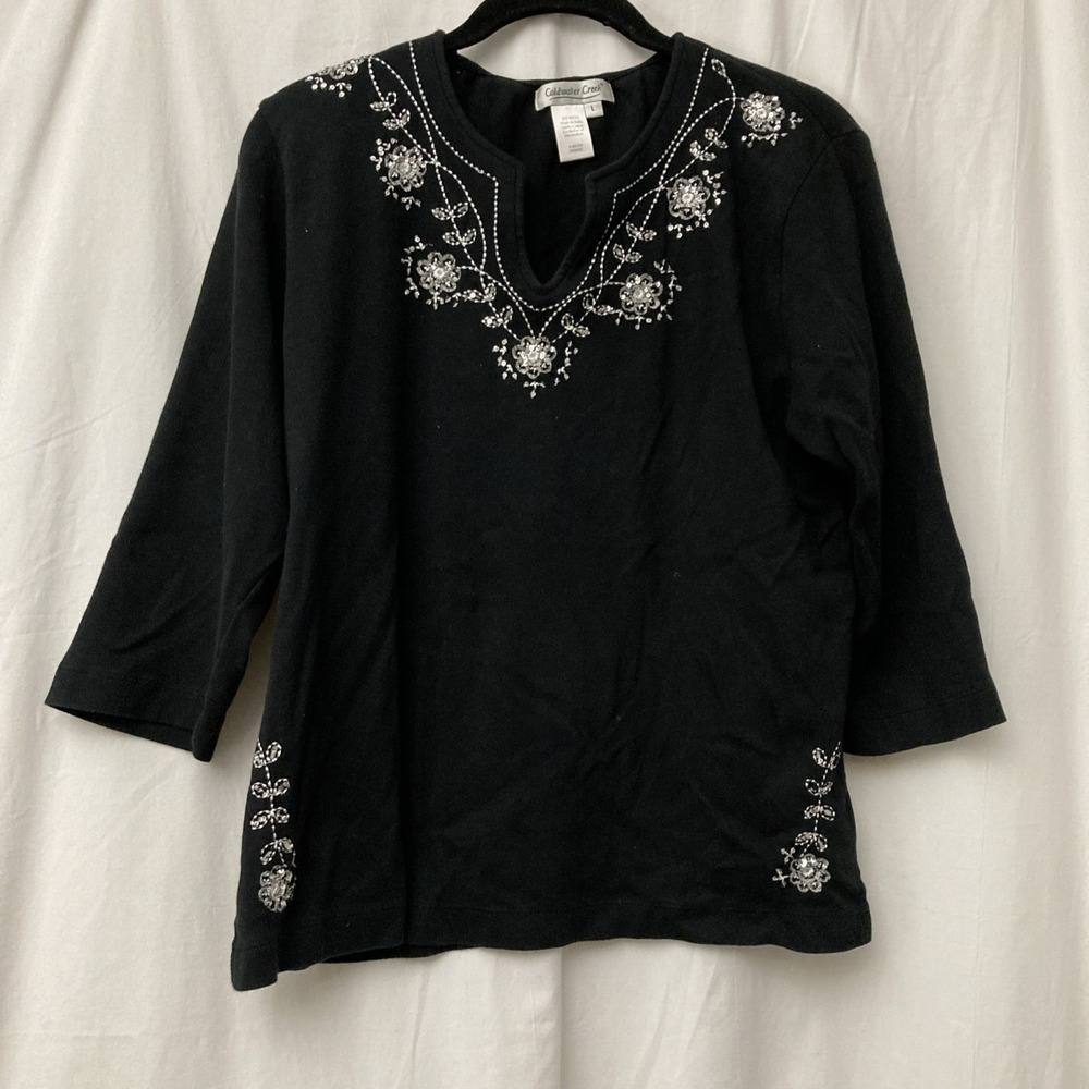 Coldwater Creek Black‎ Embroidered & Sequined 3/4 Sleeve Top - SZ L